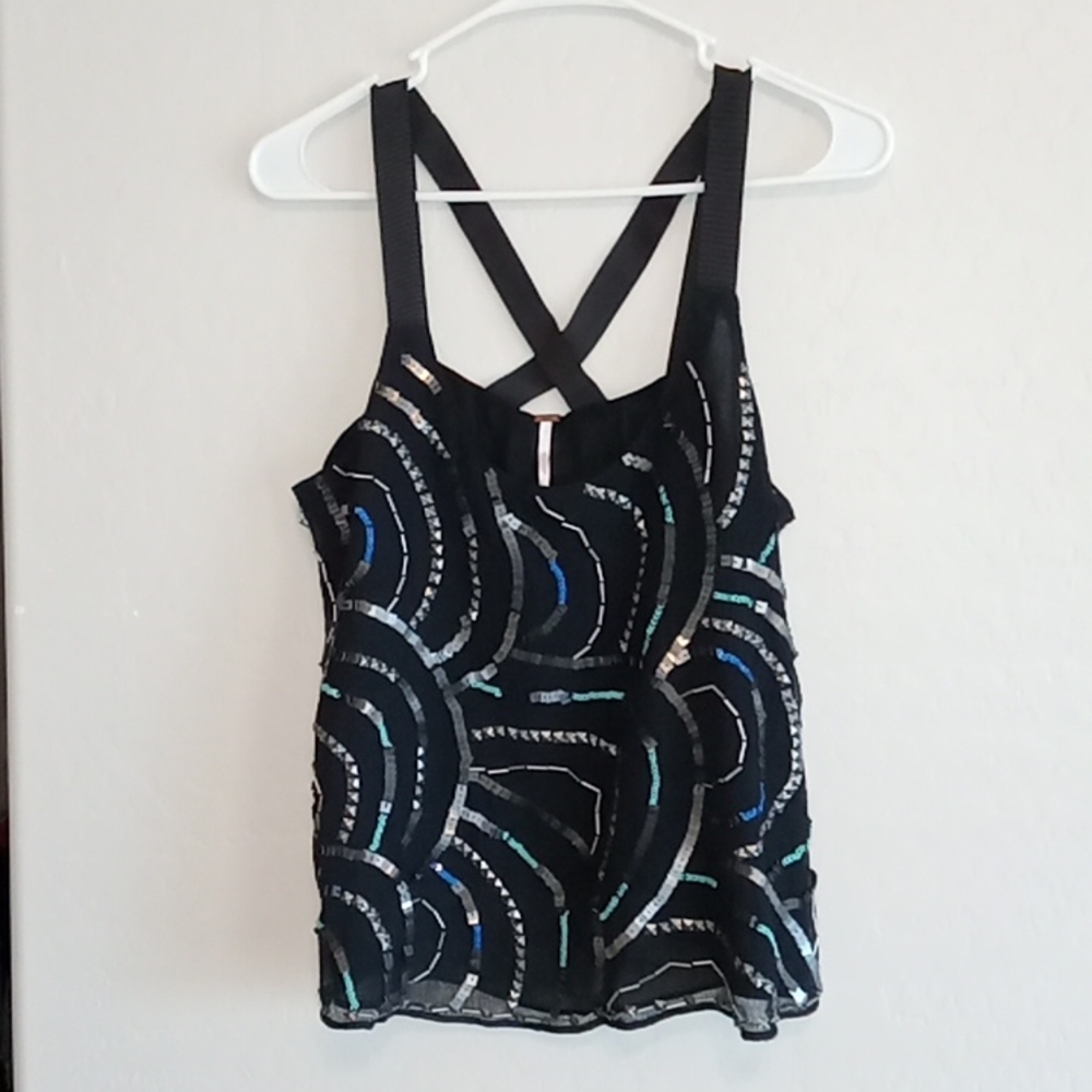 Free People Embellished Sleeveless Sequin BOHO Black Blouse Beaded Womens Size-S